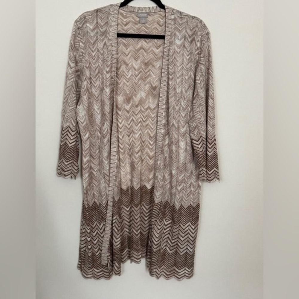 Chico's Open Front Long Line Cardigan Open Knit Brown Chevron Sweater Sz 3